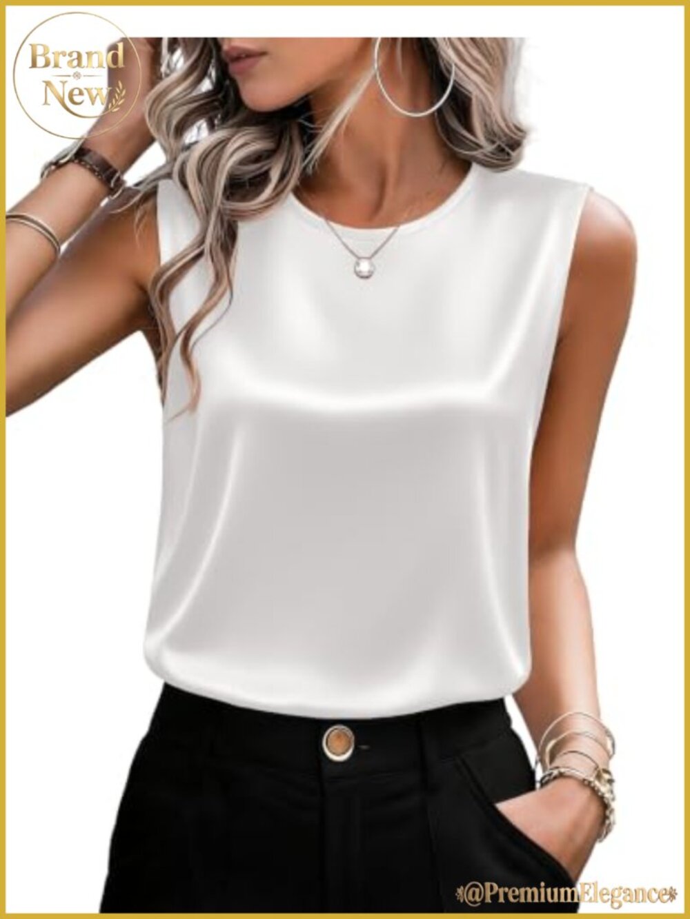 Satin Sleeveless Crew Neck Tank Top Flowy Dressy Casual Work Blouse